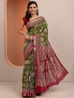 Libas - Green Printed Silk Blend Saree with Unstitched Blouse