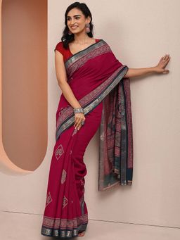 Libas - Pink Printed Silk Blend Saree with Unstitched Blouse