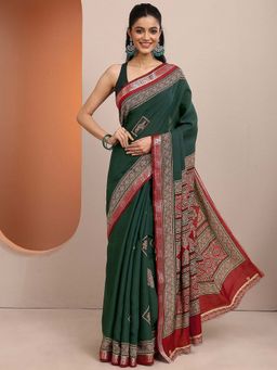 Libas - Green Printed Silk Blend Saree with Unstitched Blouse