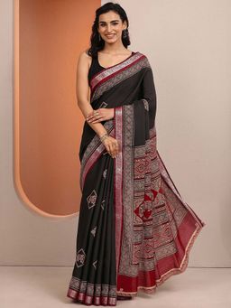 Libas - Black Printed Silk Blend Saree with Unstitched Blouse