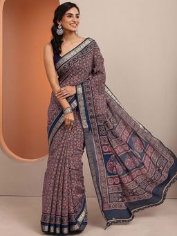 Libas - Purple Printed Silk Blend Saree with Unstitched Blouse
