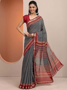Libas - Blue Printed Silk Blend Saree with Unstitched Blouse