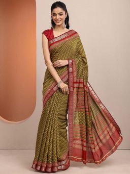 Libas - Olive Printed Silk Blend Saree with Unstitched Blouse