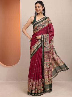Libas - Red Printed Silk Blend Saree with Unstitched Blouse