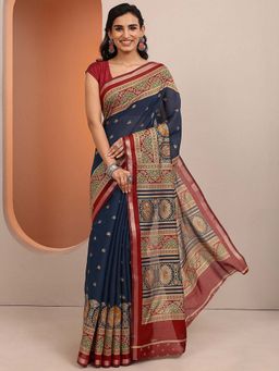 Libas - Blue Printed Silk Blend Saree with Unstitched Blouse