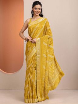 Libas - Mustard Printed Silk Blend Saree with Unstitched Blouse