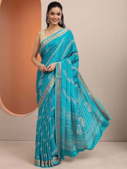 Libas - Blue Printed Silk Blend Saree with Unstitched Blouse