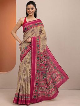 Libas - Pink Printed Silk Blend Saree with Unstitched Blouse