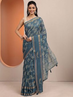Libas - Blue Printed Silk Blend Saree with Unstitched Blouse
