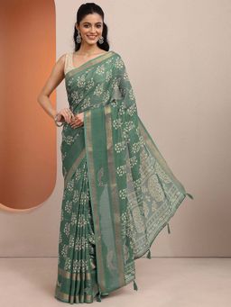 Libas - Green Printed Silk Blend Saree with Unstitched Blouse