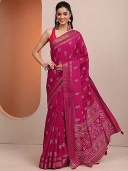 Libas - Pink Printed Silk Blend Saree with Unstitched Blouse