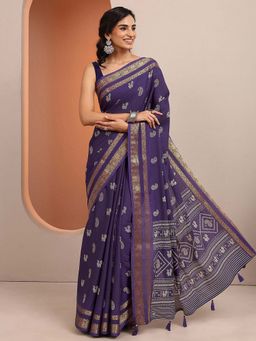 Libas - Purple Printed Silk Blend Saree with Unstitched Blouse