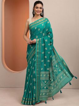 Libas - Green Printed Silk Blend Saree with Unstitched Blouse