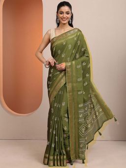 Libas - Olive Printed Silk Blend Saree with Unstitched Blouse