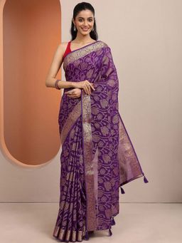 Libas - Purple Woven Design Silk Blend Saree with Unstitched Blouse