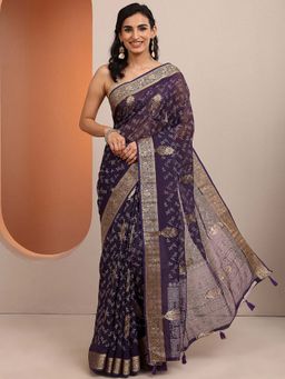 Libas - Purple Woven Silk Blend Saree with Unstitched Blouse