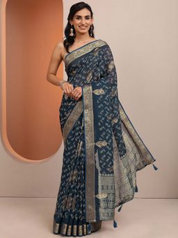 Libas - Teal Woven Silk Blend Saree with Unstitched Blouse