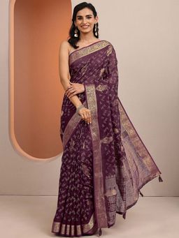 Libas - Burgundy Woven Silk Blend Saree with Unstitched Blouse