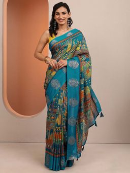 Libas - Blue Printed Silk Blend Saree with Unstitched Blouse