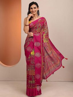 Libas - Pink Printed Silk Blend Saree with Unstitched Blouse