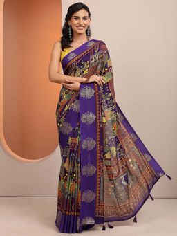 Libas - Purple Printed Silk Blend Saree with Unstitched Blouse