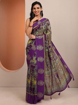 Libas - Purple Printed Silk Blend Saree with Unstitched Blouse
