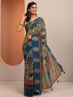 Libas - Teal Printed Silk Blend Saree with Unstitched Blouse