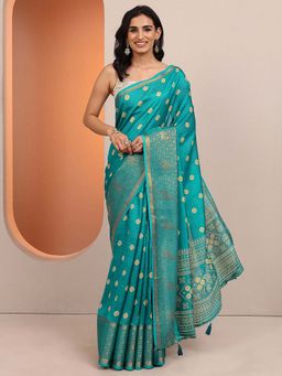 Libas - Blue Printed Silk Blend Saree with Unstitched Blouse