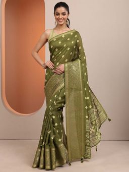 Libas - Olive Printed Silk Blend Saree with Unstitched Blouse
