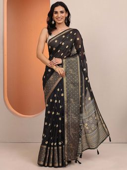 Libas - Black Printed Silk Blend Saree with Unstitched Blouse