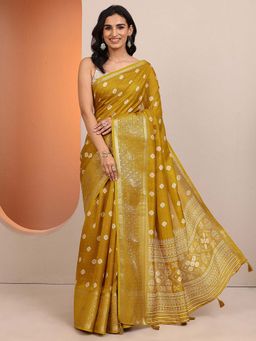 Libas - Mustard Printed Silk Blend Saree with Unstitched Blouse