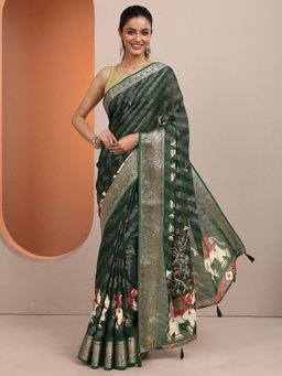 Libas - Green Woven Design Silk Blend Saree with Unstitched Blouse