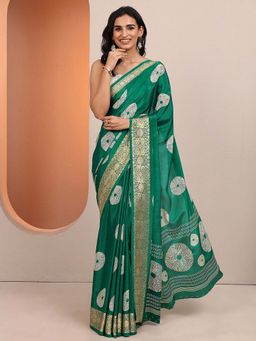 Libas - Green Printed Silk Blend Saree with Unstitched Blouse
