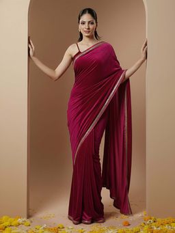 HANDME - Ready To Wear Royal Burgundy Velvet Designer Saree with Unstitched Blouse
