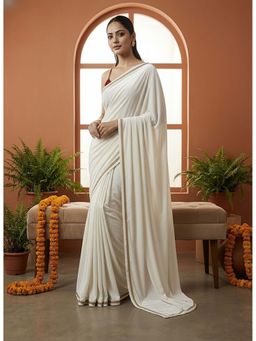 HANDME - Ready To Wear Luxe Ivory Velvet Designer Saree with Unstitched Blouse
