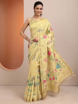Libas - Yellow Floral Silk Blend Saree with Unstitched Blouse