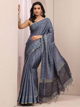 Libas - Blue Woven Silk Blend Saree with Unstitched Blouse