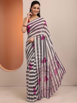 Libas - Grey Printed Georgette Saree with Unstitched Blouse