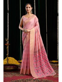 Mysilklove - Cerise Pink Woven Cotton Saree with Unstitched Blouse