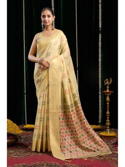 Mysilklove - Milky Cream Woven Cotton Saree with Unstitched Blouse