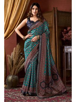 Mysilklove - France Blue Ajrakh Printed Saree with Unstitched Blouse