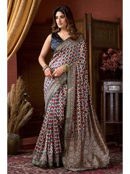Mysilklove - Multi-Color Ajrakh Printed Saree with Unstitched Blouse