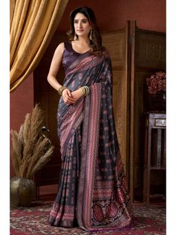 Mysilklove - Platinum Grey Ajrakh Printed Saree with Unstitched Blouse