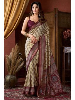 Mysilklove - Ancient Cream Ajrakh Printed Saree with Unstitched Blouse