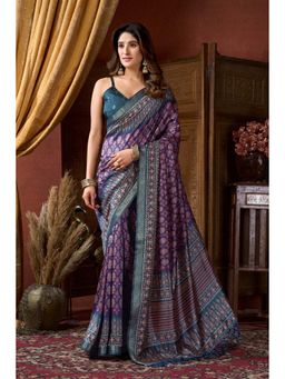 Mysilklove - Liseran Purple Ajrakh Printed Saree with Unstitched Blouse