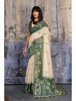 Mysilklove - Herbal Green Printed Munga Cotton Saree with Unstitched Blouse
