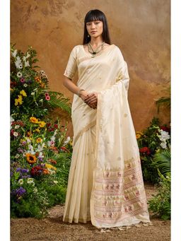 Mysilklove - Pearl White Tussar Handloom Silk Saree with Unstitched Blouse