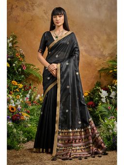 Mysilklove - Jade Black Tussar Handloom Silk Saree with Unstitched Blouse