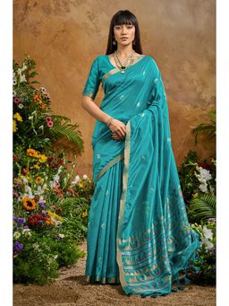 Mysilklove - Winter Blue Tussar Handloom Silk Saree with Unstitched Blouse