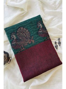 Ekana Label - Desi Mehfil Green Chanderi Cotton Printed Saree with Unstitched Blouse